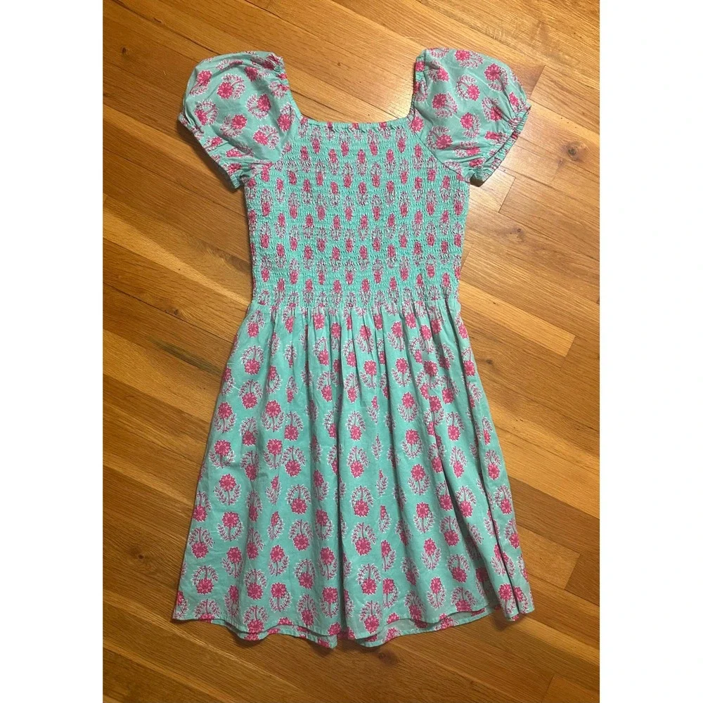 Crewcuts Girls Aqua Pink Floral Smocked Puff Sleeve Dress Size 14 CG285